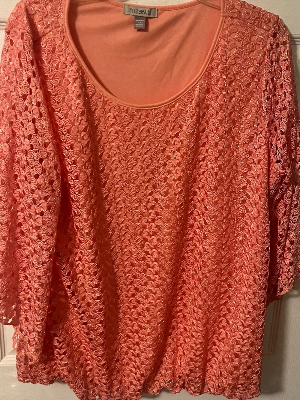 Roz & Ali Coral Crochet Overlay Scoop Neck Top